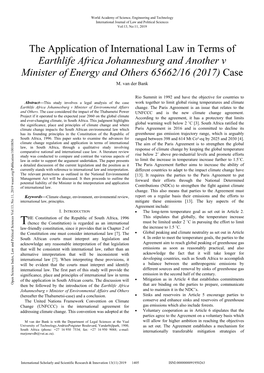 The Application of International Law in Terms of Earthlife Africa Johannesburg and Another V Minister of Energy and Others 65662/16 (2017) Case M