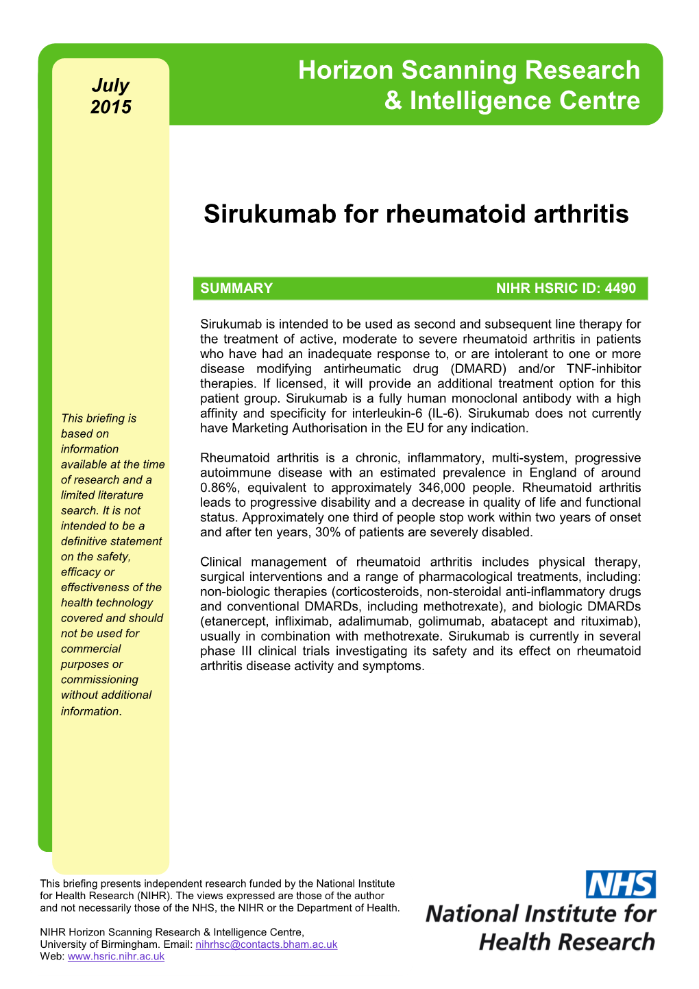 Sirukumab for Rheumatoid Arthritis