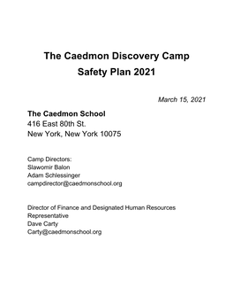 The Caedmon Discovery Camp Safety Plan 2021