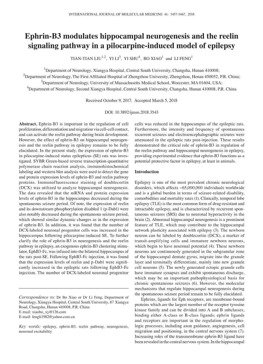 Ephrin‑B3 Modulates Hippocampal Neurogenesis and the Reelin Signaling Pathway in a Pilocarpine‑Induced Model of Epilepsy