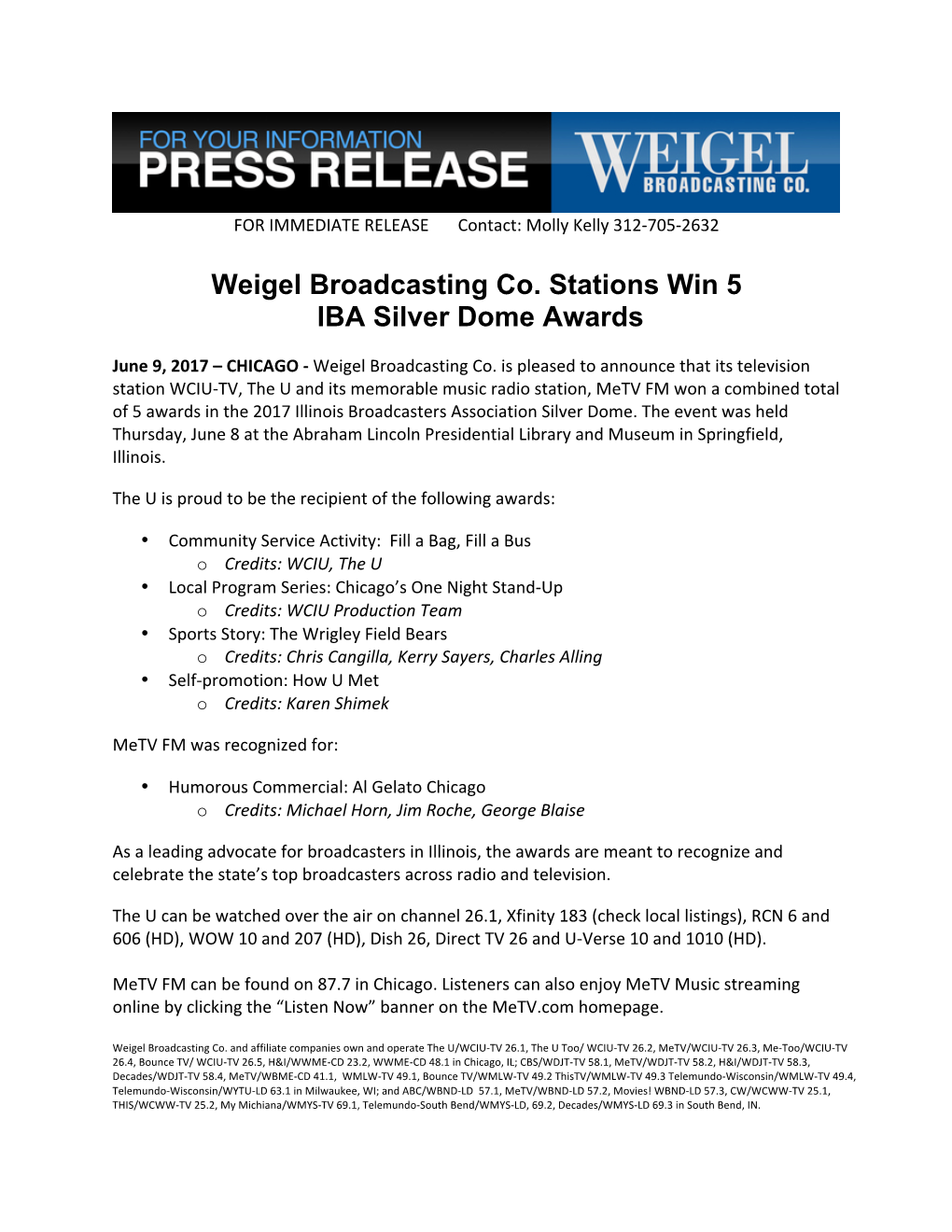 Weigel Broadcasting Co. Stations Win 5 IBA Silver Dome Awards
