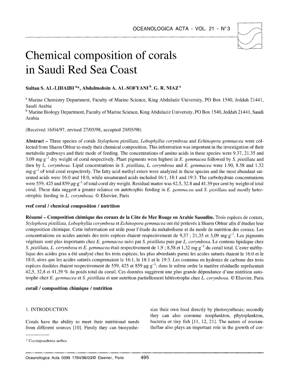 Chemical Composition of Corals in Saudi Red Sea Coast