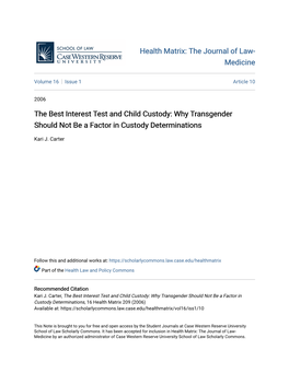 The Best Interest Test and Child Custody: Why Transgender Should Not Be a Factor in Custody Determinations