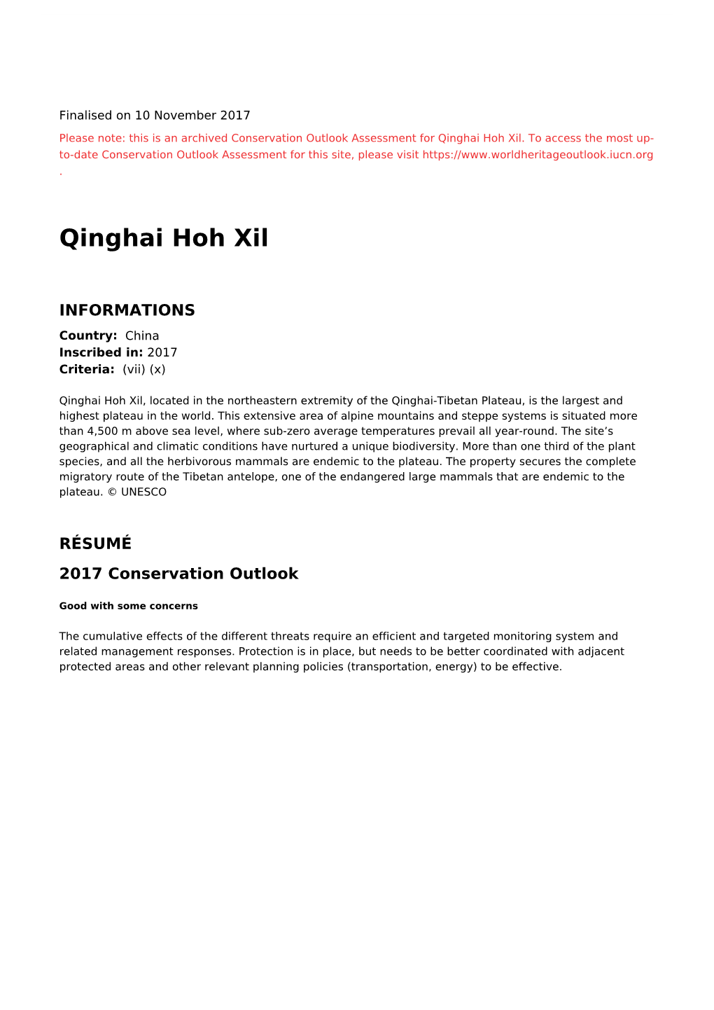 Qinghai Hoh Xil - 2017 Conservation Outlook Assessment (Archived)