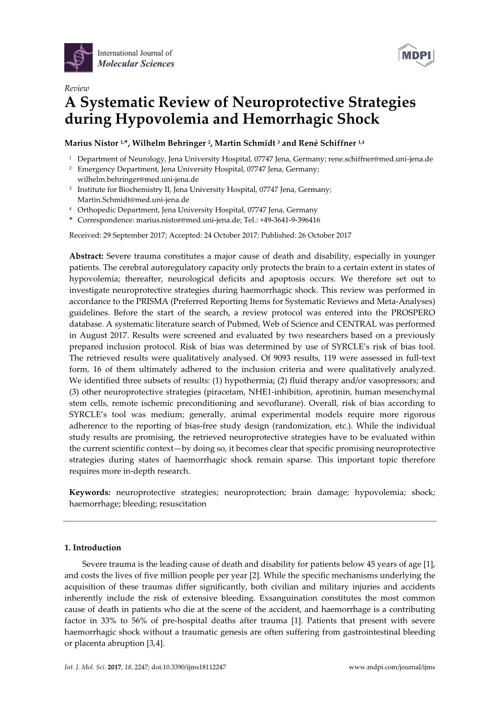 A Systematic Review of Neuroprotective Strategies During Hypovolemia and Hemorrhagic Shock