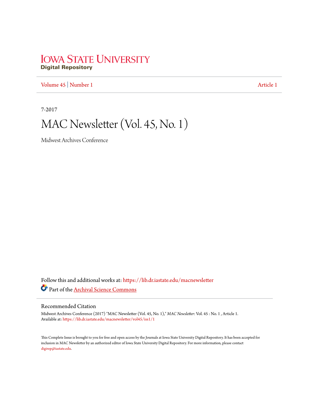 MAC Newsletter (Vol. 45, No. 1) Midwest Archives Conference