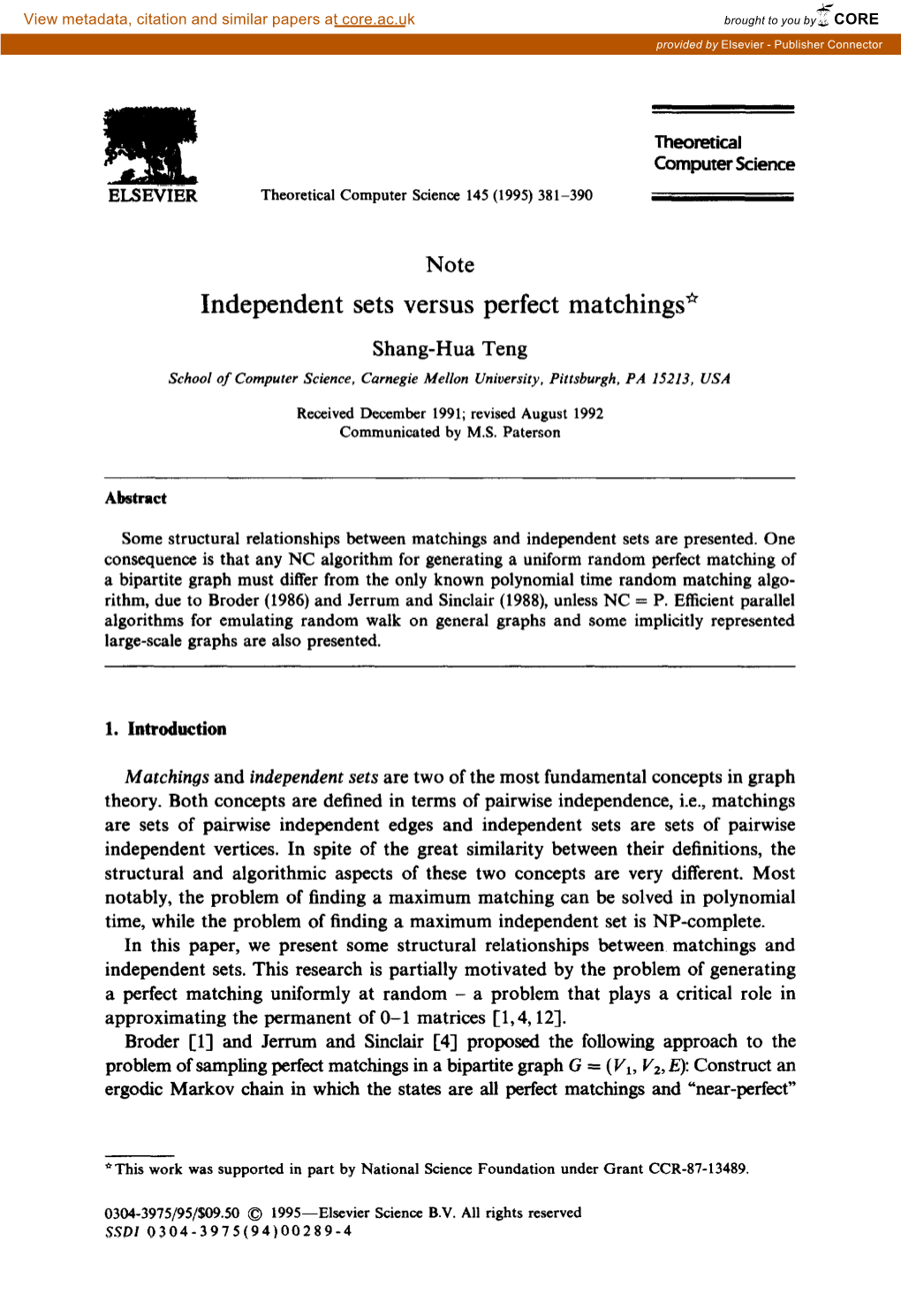 Independent Sets Versus Perfect Matchings*