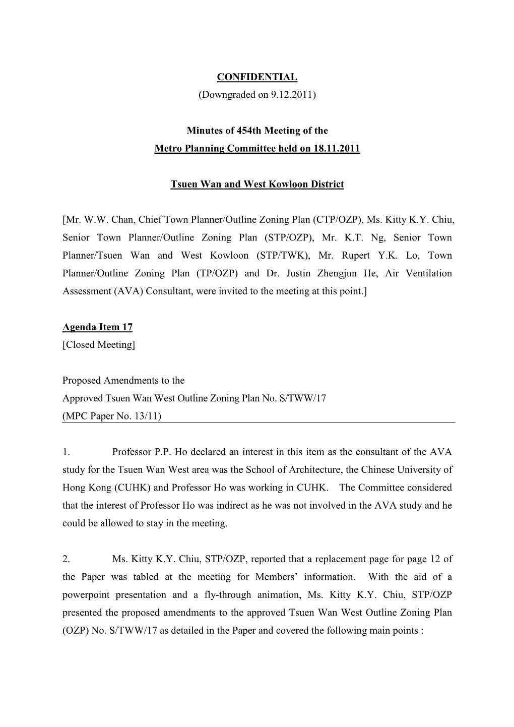 Minutes of 454Th Meeting of the Metro Planning Committee Held on 18.11.2011