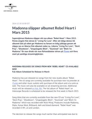 Madonna Släpper Albumet Rebel Heart I Mars 2015