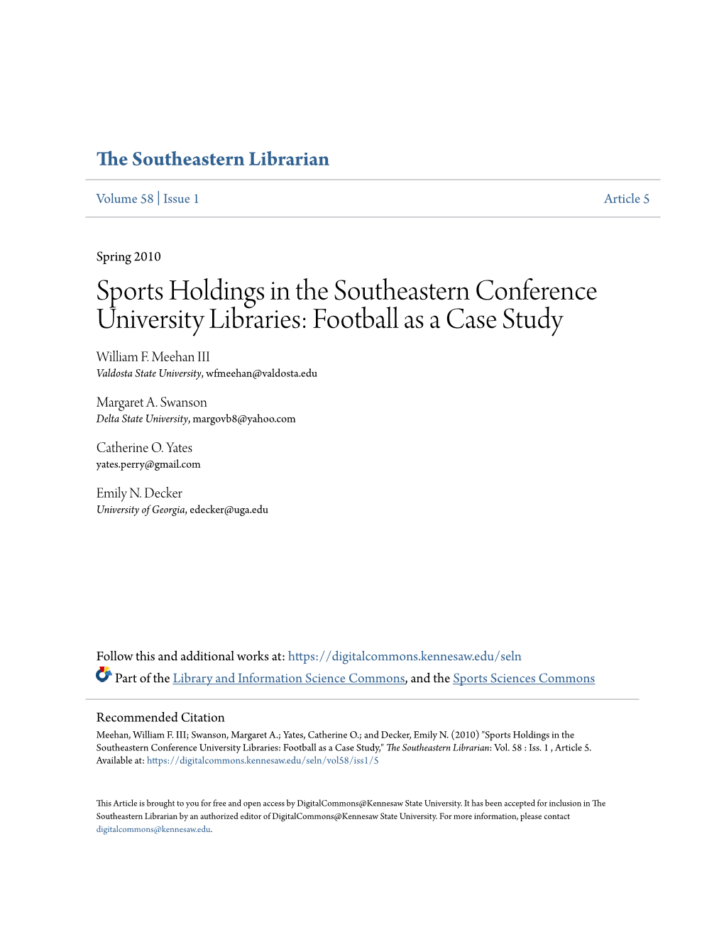 Sports Holdings in the Southeastern Conference University Libraries: Football As a Case Study William F