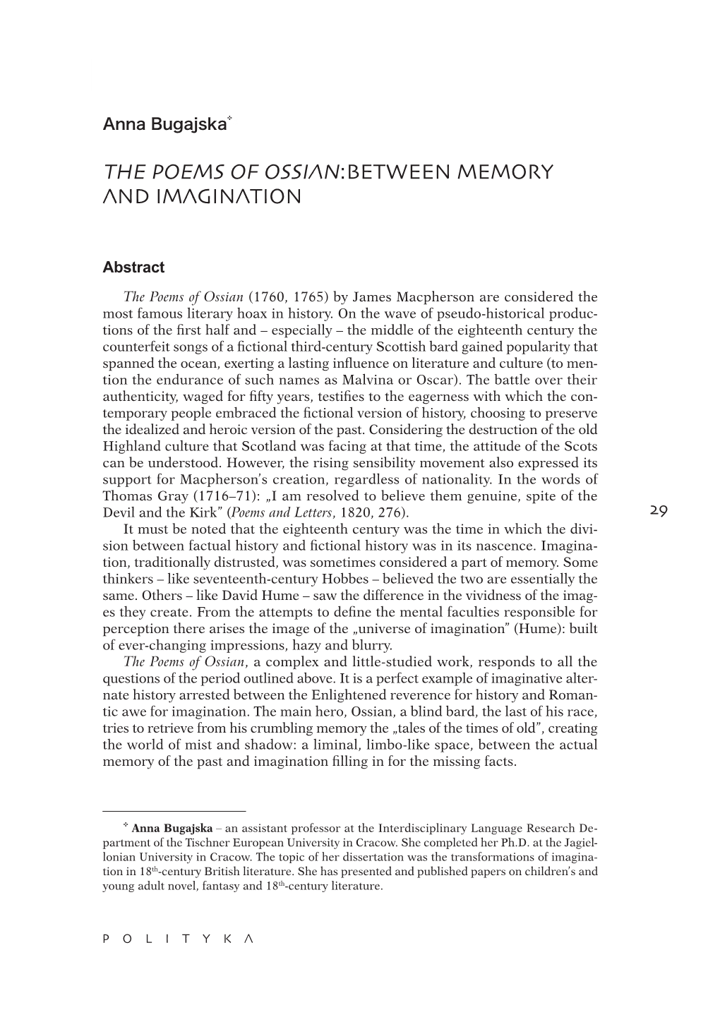 The Poems of Ossian:Between Memory and Imagination