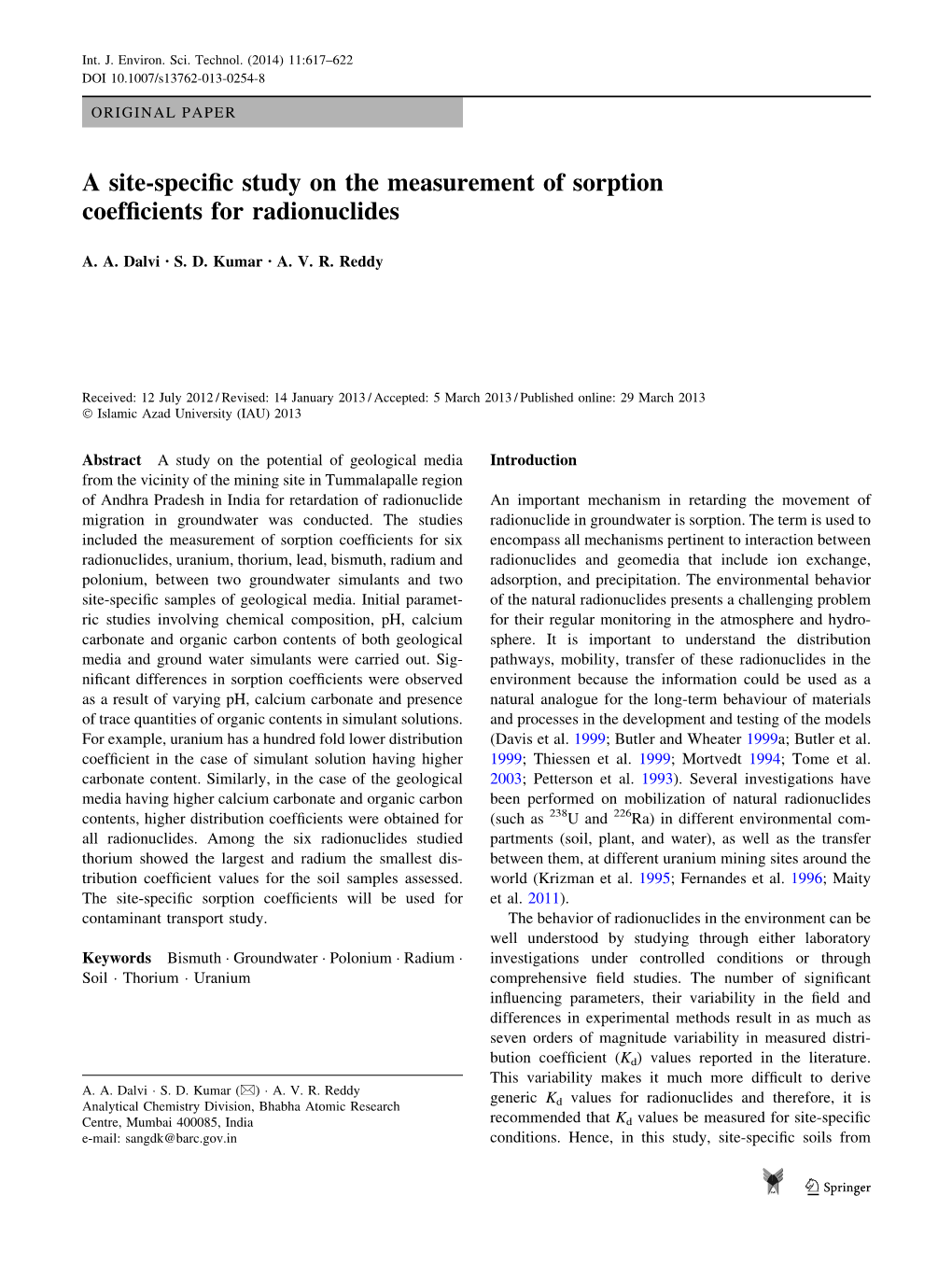 A Site-Specific Study on the Measurement of Sorption