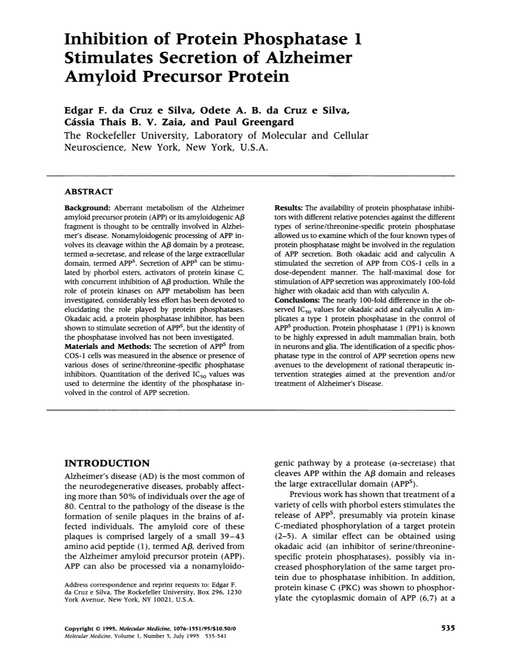 Inhibition of Protein Phosphatase 1 Stimulates Secretion of Alzheimer Amyloid Precursor Protein