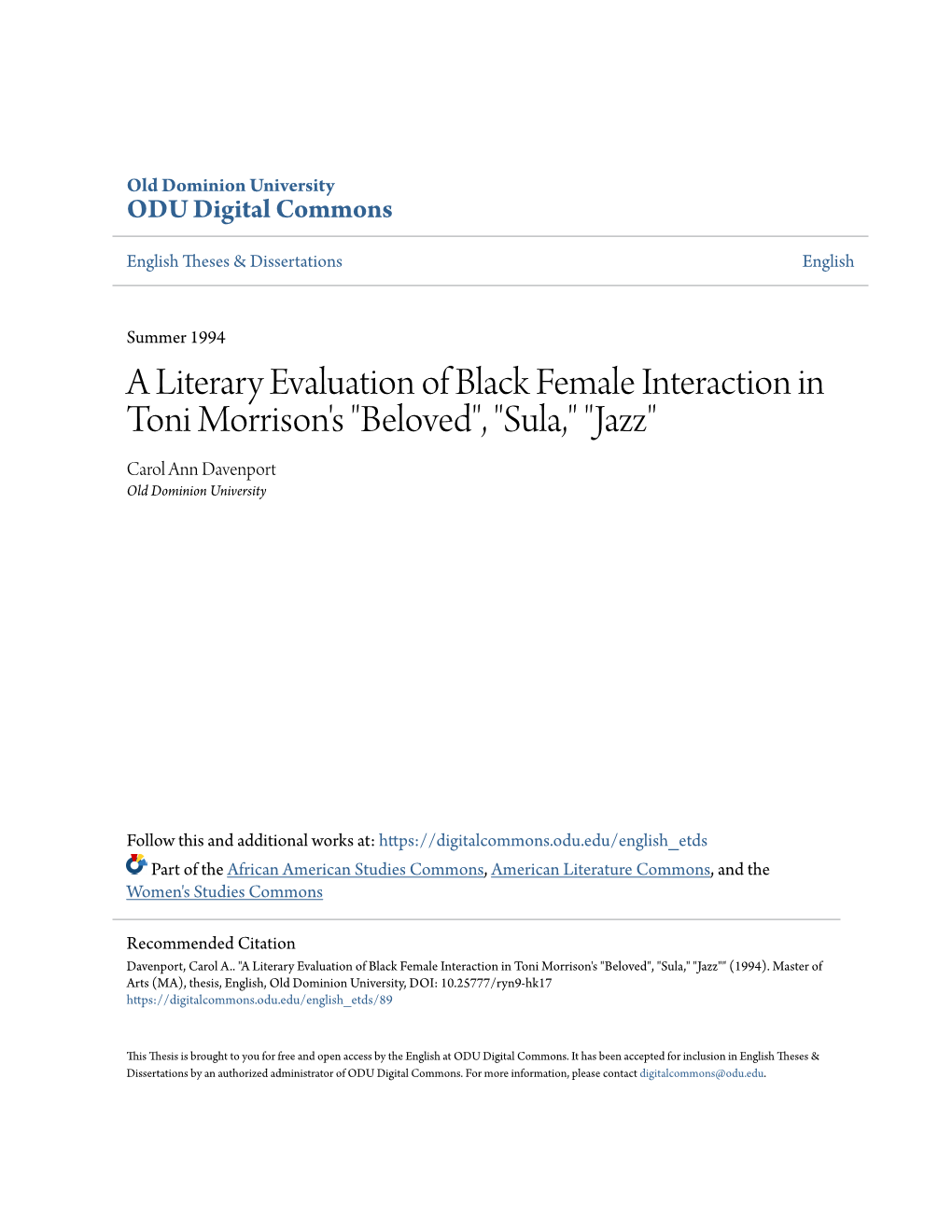 A Literary Evaluation of Black Female Interaction in Toni Morrison's 