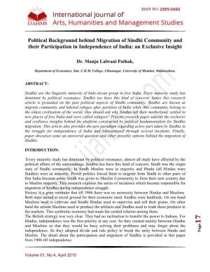 Political Background Behind Migration of Sindhi Community and Their Participation in Independence of India: an Exclusive Insight
