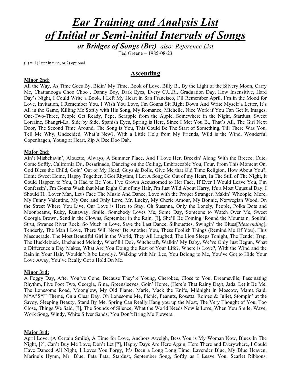 Ear Training and Analysis List of Initial Or Semi-Initial Intervals of Songs Or Bridges of Songs (Br:) Also: Reference List Ted Greene – 1985-08-23