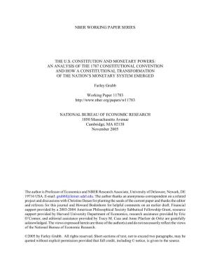 The US Constitution and Monetary Powers: an Analysis of the 1787 Constitutional Convention and Constitutional Transformation of the Nation's Monetary System Emerged