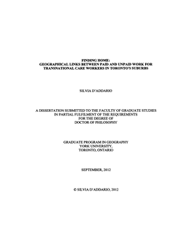 Geographical Links Between Paid and Unpaid Work for Transnational Care Workers in Toronto’S Suburbs