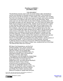 Paradise Lost BOOK 1 John Milton (1667) the ARGUMENT This First Book Proposes, First in Brief, the Whole Subject, Mans Disobedie