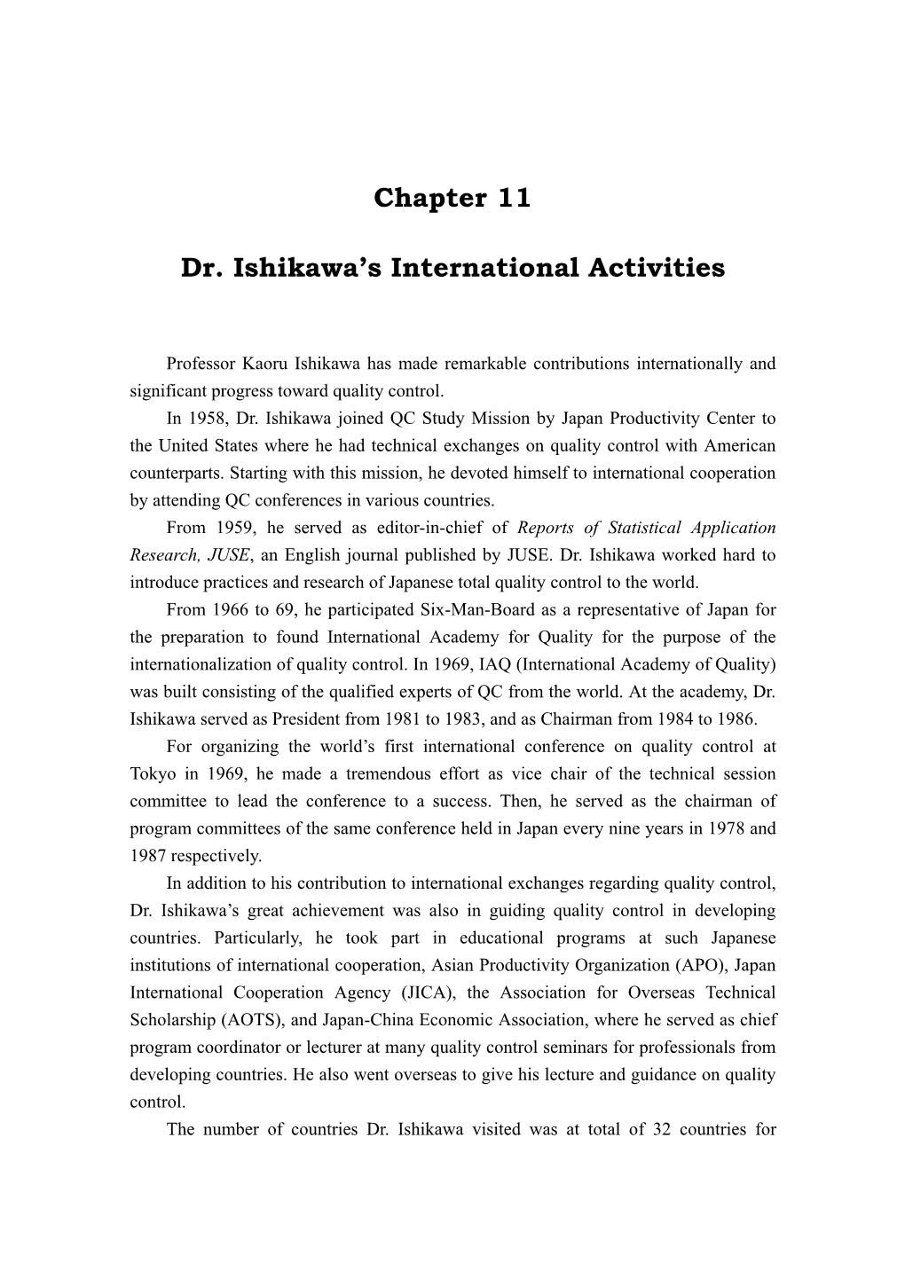 Chapter 11 Dr. Ishikawa's International Activities