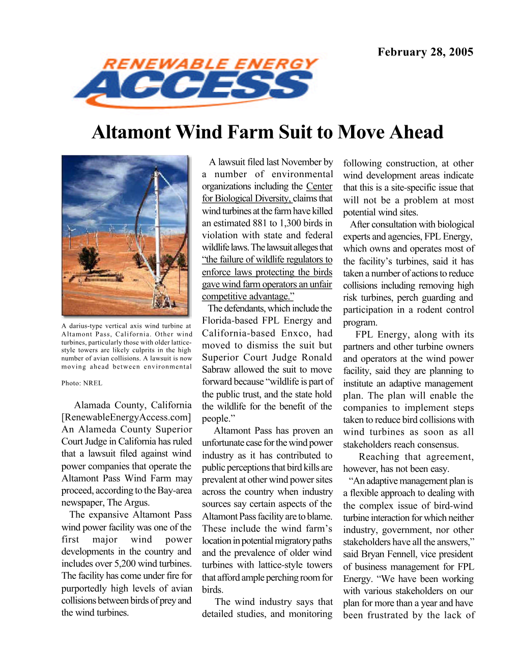 Altamont Wind Farm Suit to Move Ahead