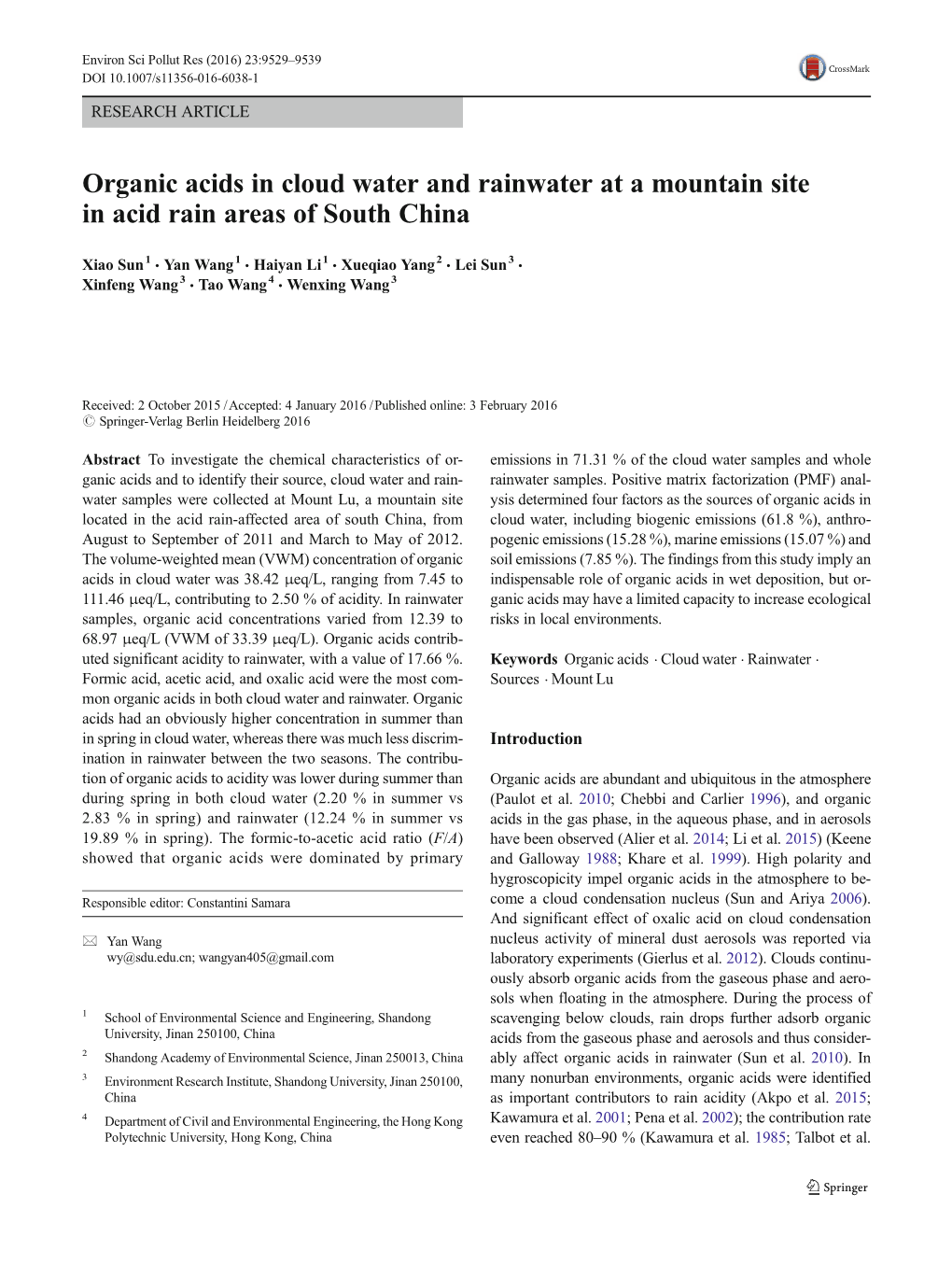 Organic Acids in Cloud Water and Rainwater at a Mountain Site in Acid Rain Areas of South China