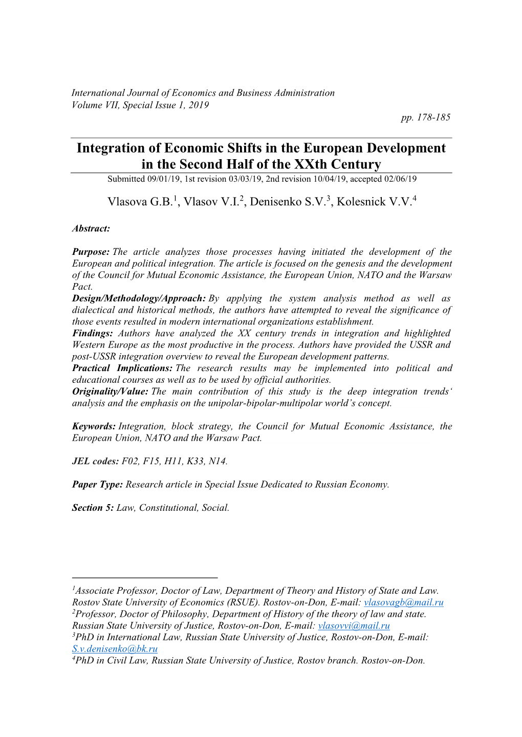 Integration of Economic Shifts in the European Development in The