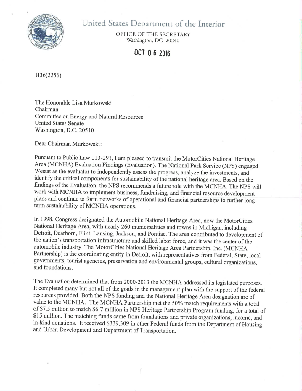 DOI Letter to Congress