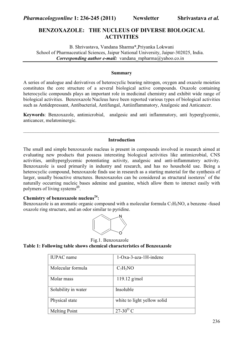 Pharmacologyonline 1: 236-245 (2011) Ewsletter Shrivastava Et Al
