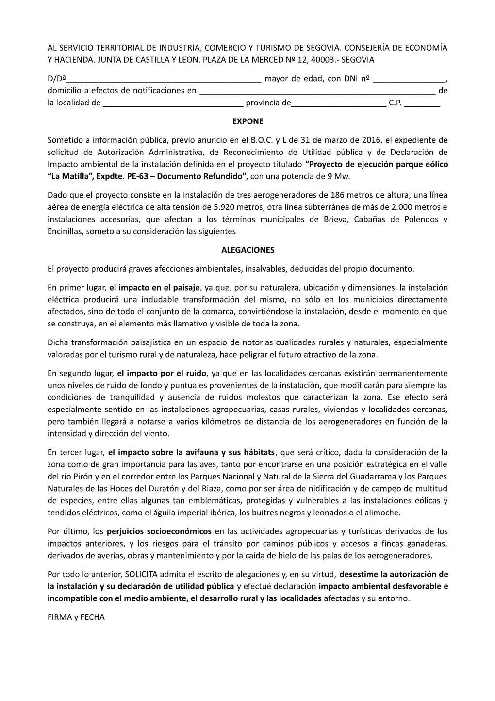 Al Servicio Territorial De Industria, Comercio Y Turismo De Segovia. Consejería De Economía Y Hacienda. Junta De Castilla Y Leon