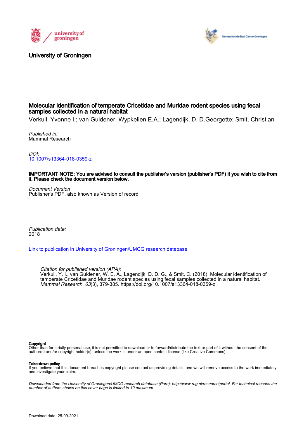 Molecular Identification of Temperate Cricetidae and Muridae Rodent