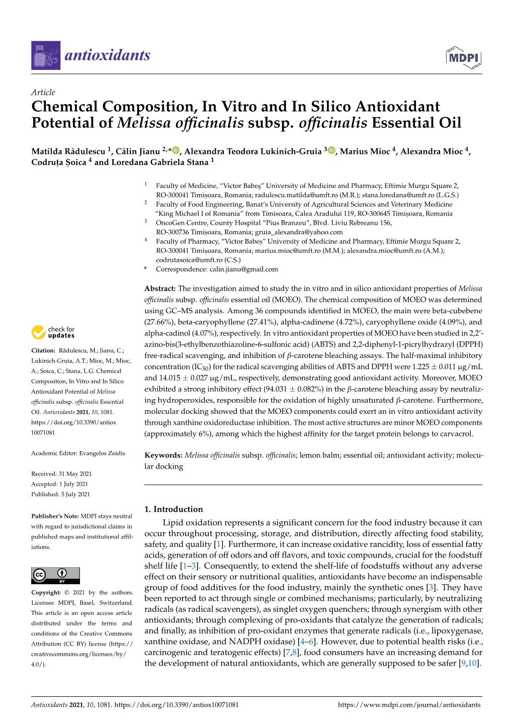 Chemical Composition, in Vitro and in Silico Antioxidant Potential of Melissa Officinalis Subsp. Officinalis Essential