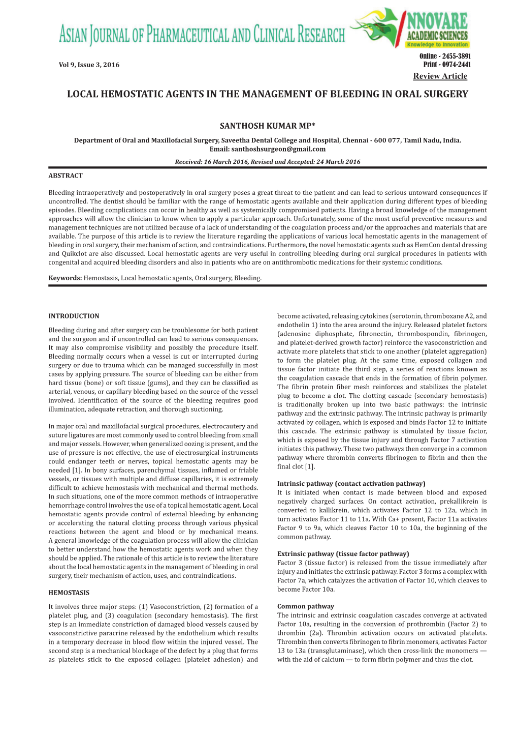 Local Hemostatic Agents in the Management of Bleeding in Oral Surgery