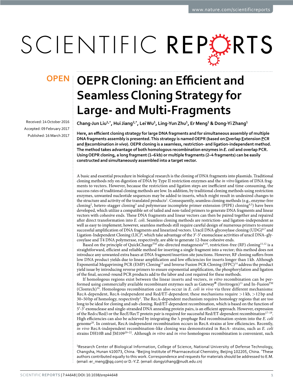 OEPR Cloning: an Efficient and Seamless Cloning Strategy for Large- and Multi-Fragments