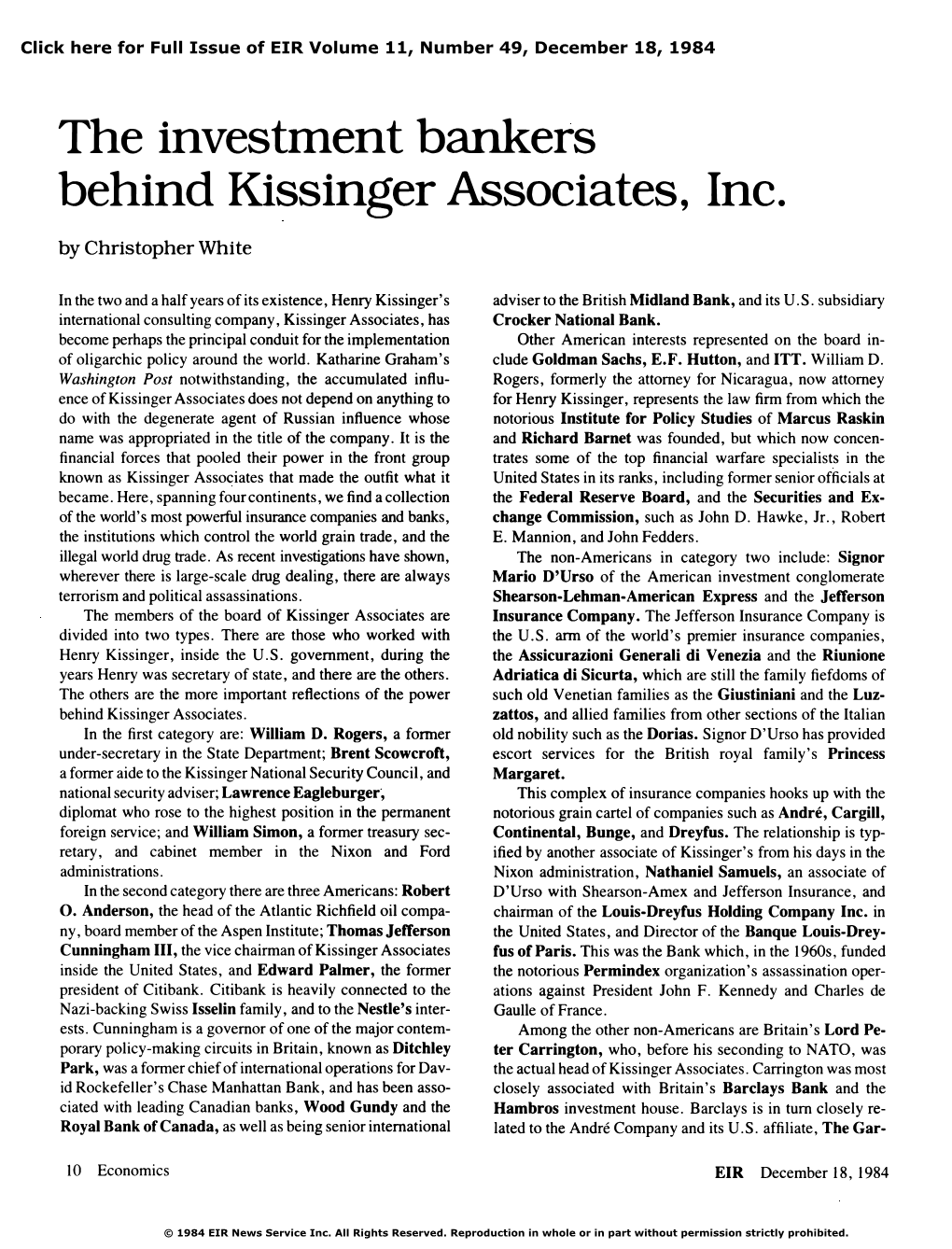 The Investment Bankers Behind Kissinger Associates, Inc