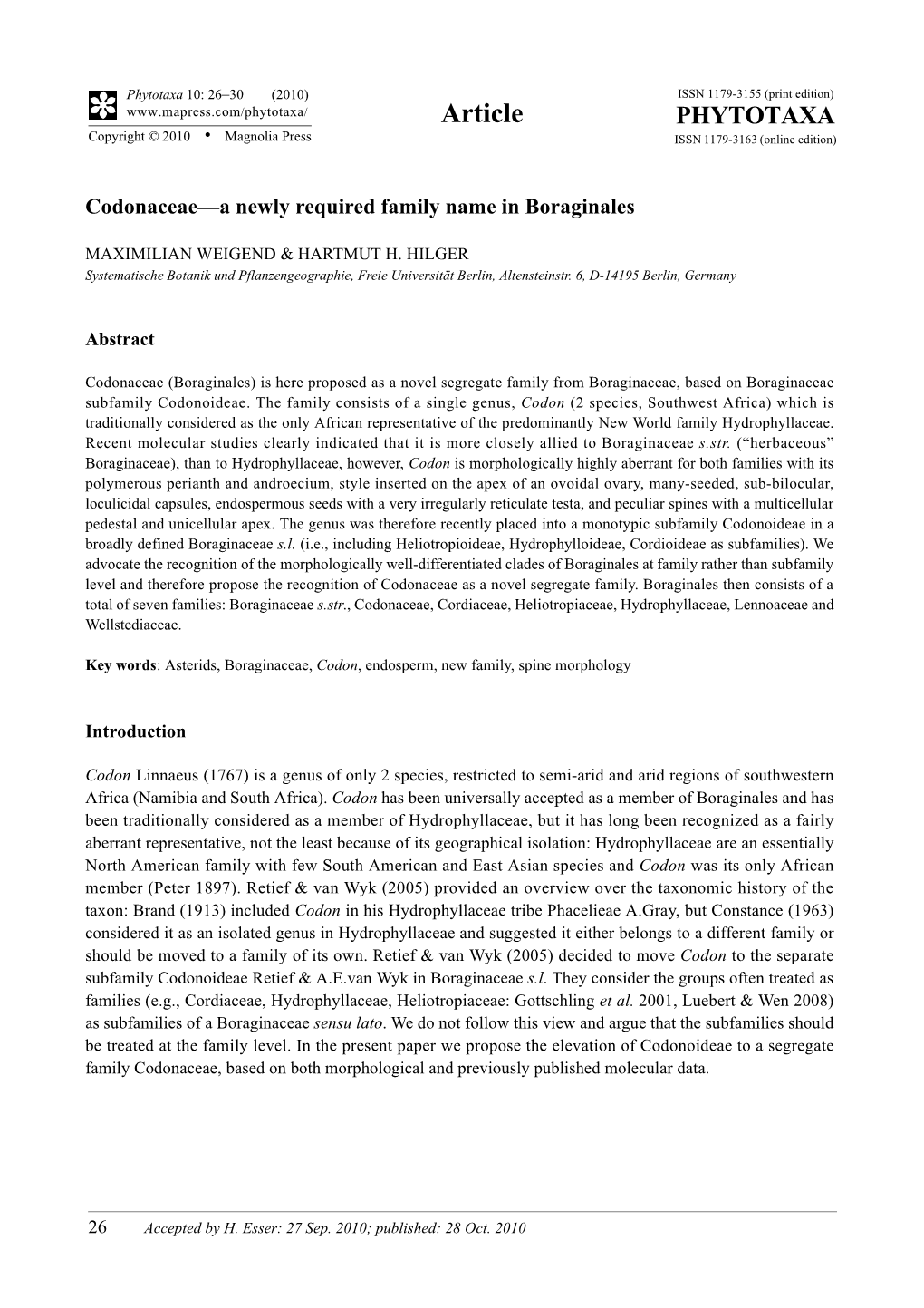 Phytotaxa, Codonaceae—A Newly Required Family Name in Boraginales