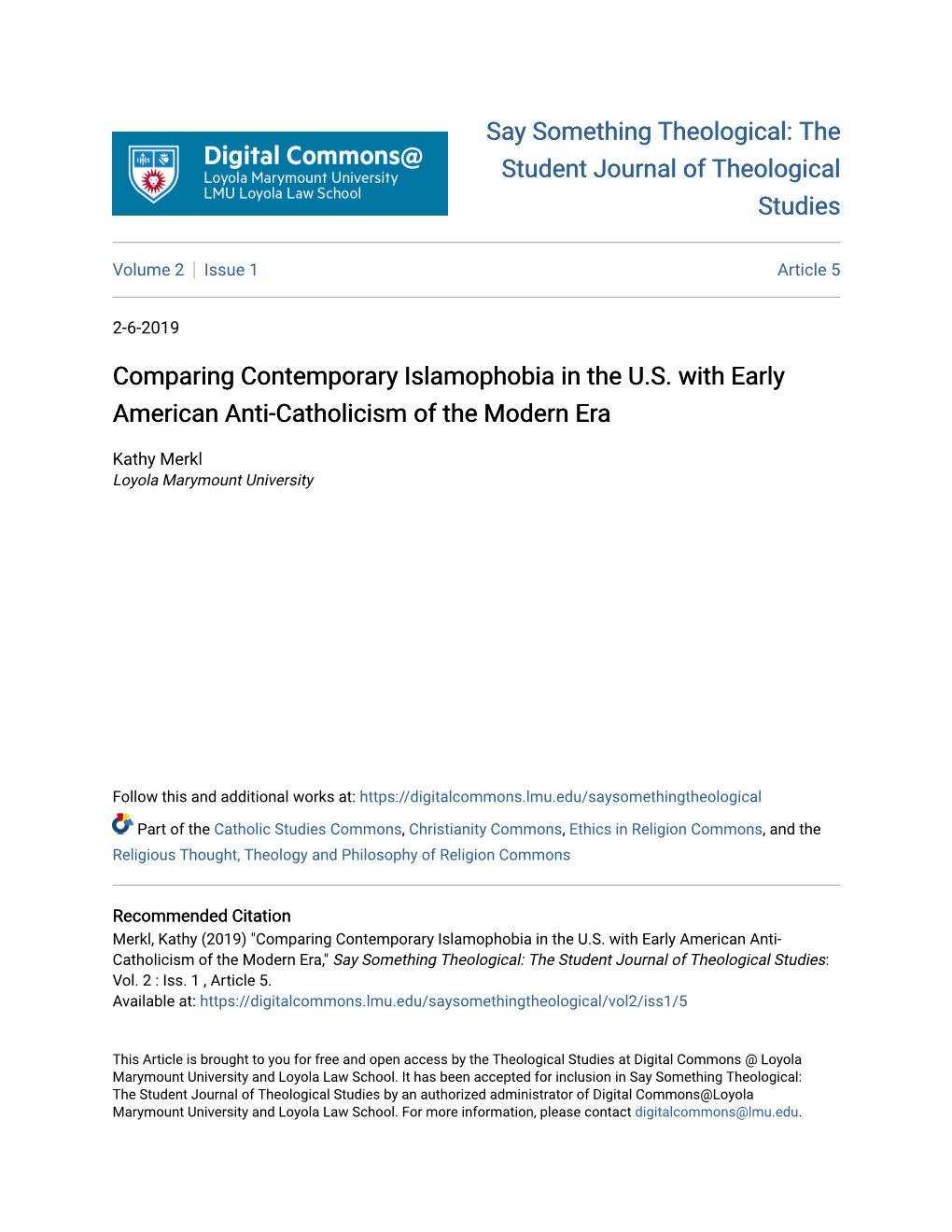 Comparing Contemporary Islamophobia in the U.S. with Early American Anti-Catholicism of the Modern Era