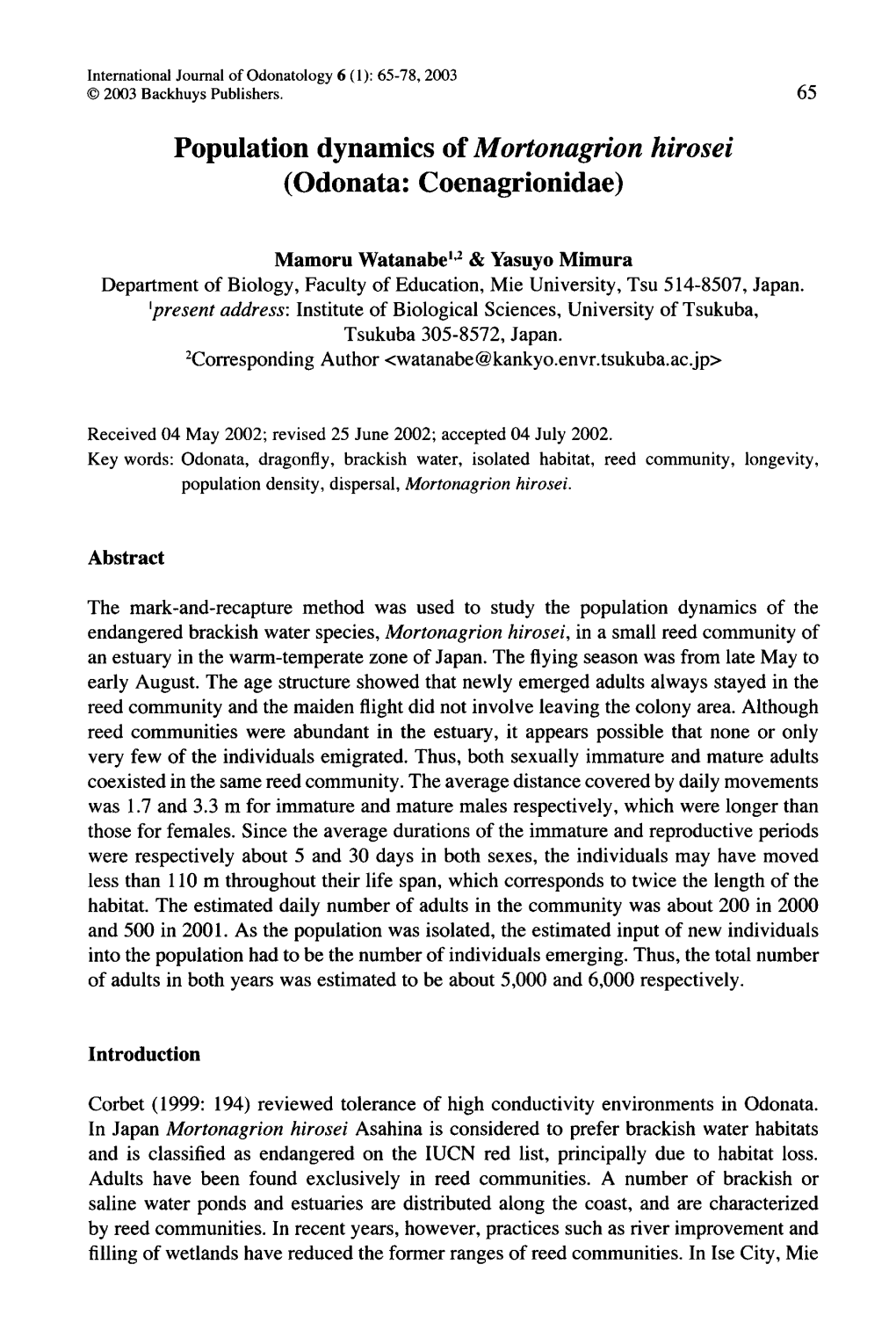 Population Dynamics of M Ortonagrion Hirosei ( Odonata: Coenagrionidae)