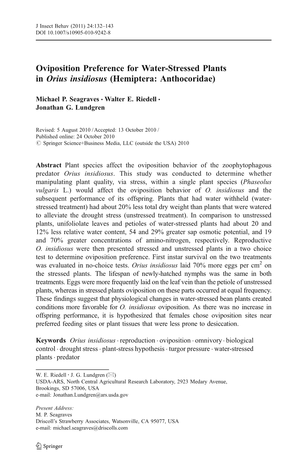 Oviposition Preference for Water-Stressed Plants in Orius Insidiosus (Hemiptera: Anthocoridae)