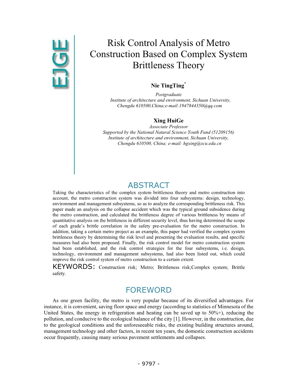 Risk Control Analysis of Metro Construction Based on Complex System Brittleness Theory