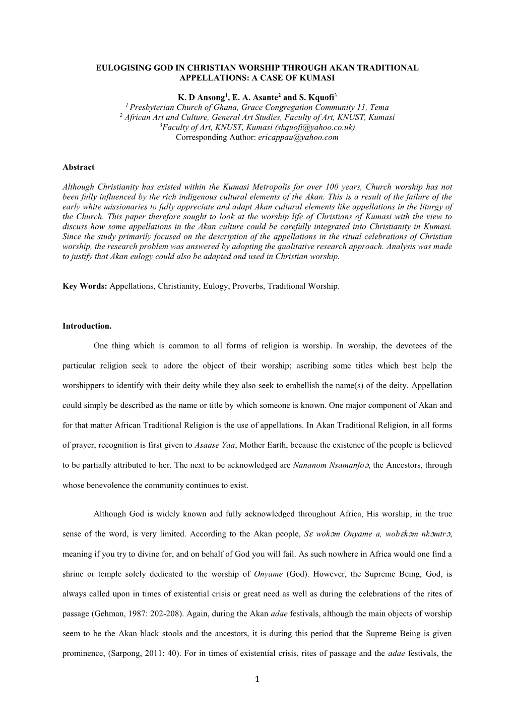 Eulogising God in Christian Worship Through Akan Traditional Appellations: a Case of Kumasi