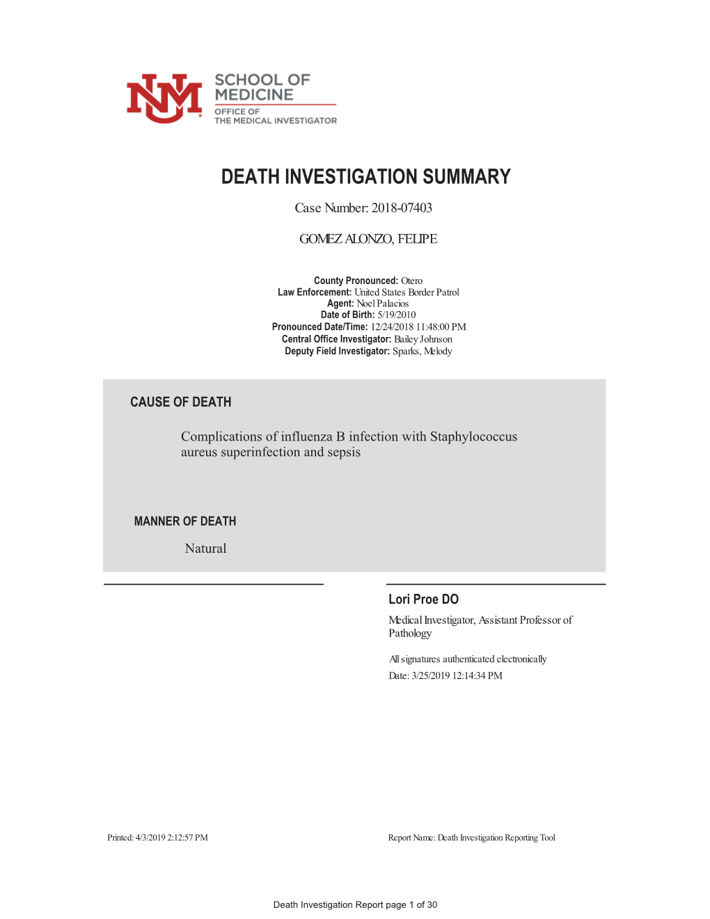 DEATH INVESTIGATION SUMMARY Case Number: 2018-07403