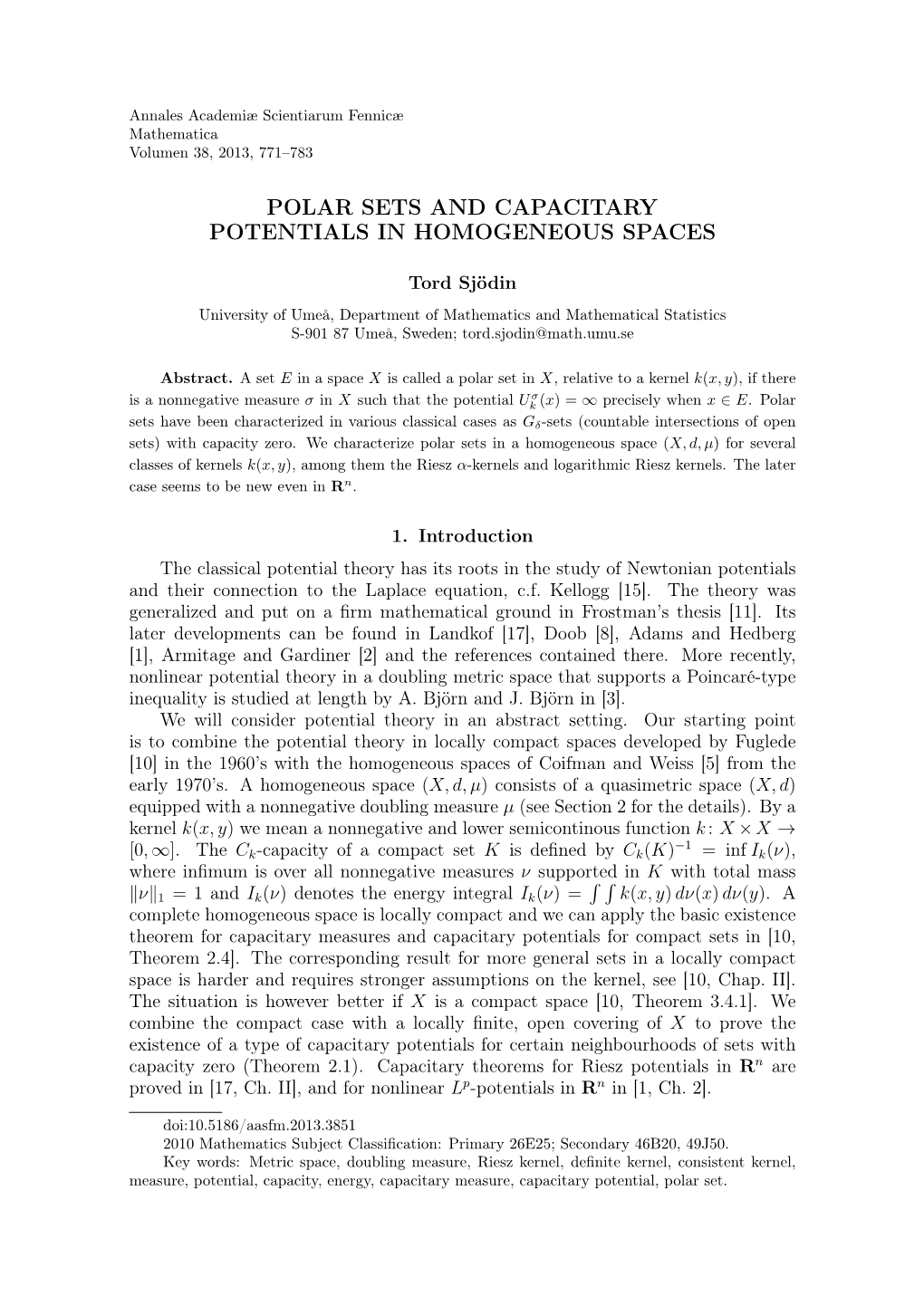Polar Sets and Capacitary Potentials in Homogeneous Spaces