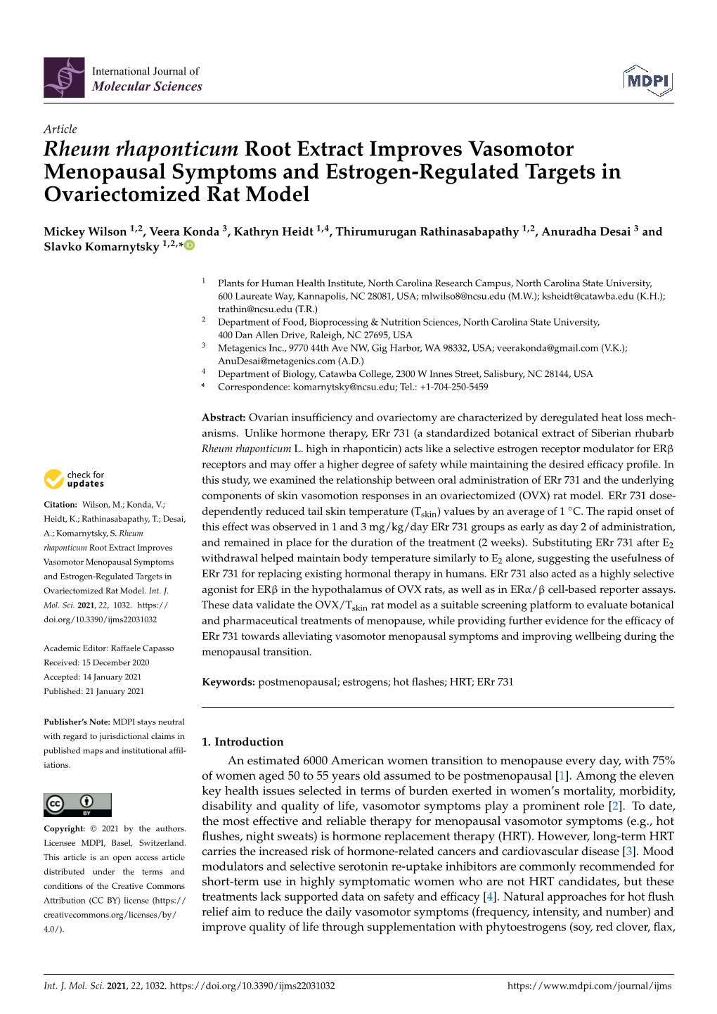 Rheum Rhaponticum Root Extract Improves Vasomotor Menopausal Symptoms and Estrogen-Regulated Targets in Ovariectomized Rat Model