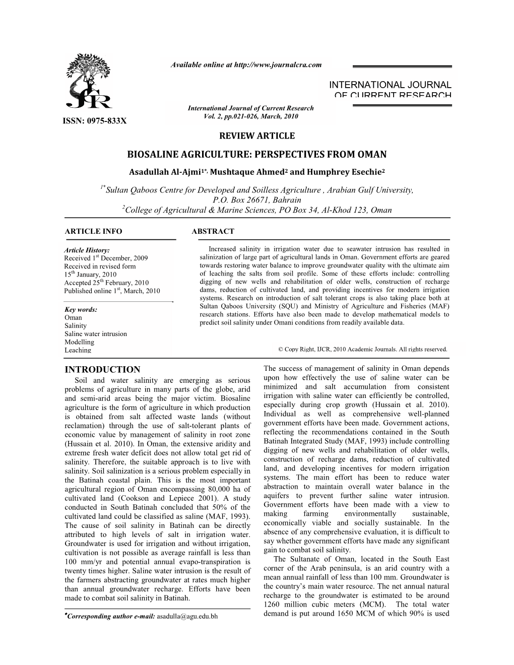 Biosaline Agriculture: Perspectives from Oman