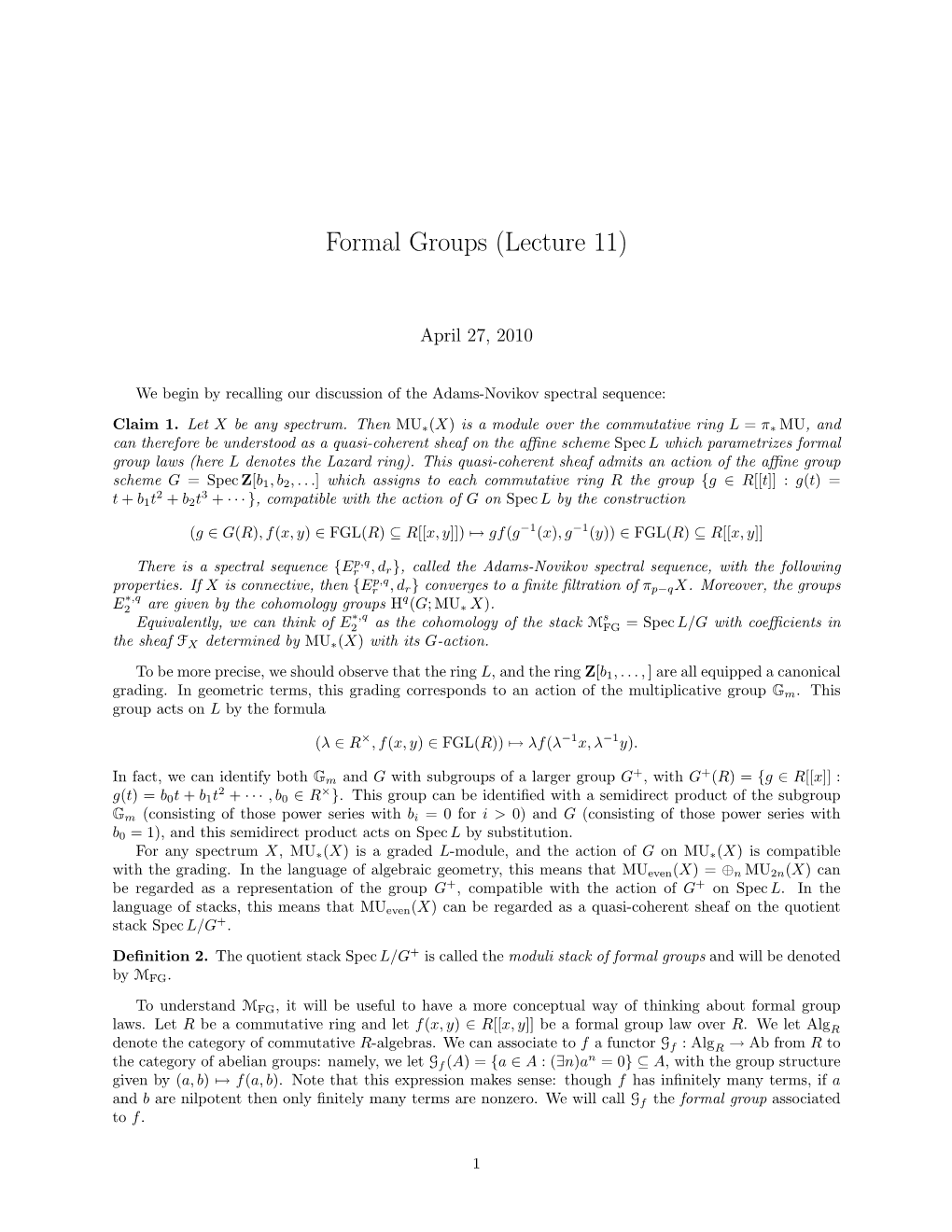 Formal Groups (Lecture 11)