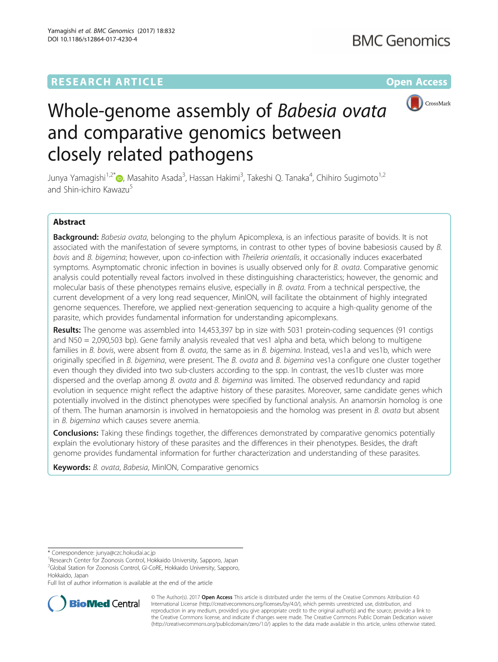 Whole-Genome Assembly of Babesia Ovata and Comparative Genomics Between Closely Related Pathogens Junya Yamagishi1,2* , Masahito Asada3, Hassan Hakimi3, Takeshi Q