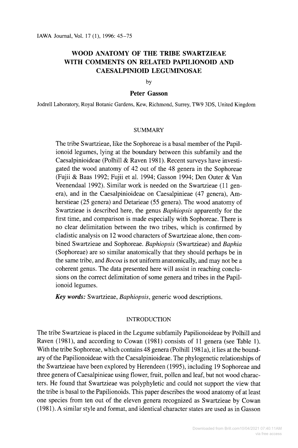 Wood Anatomy of the Tribe Swartzieae with Comments on Related