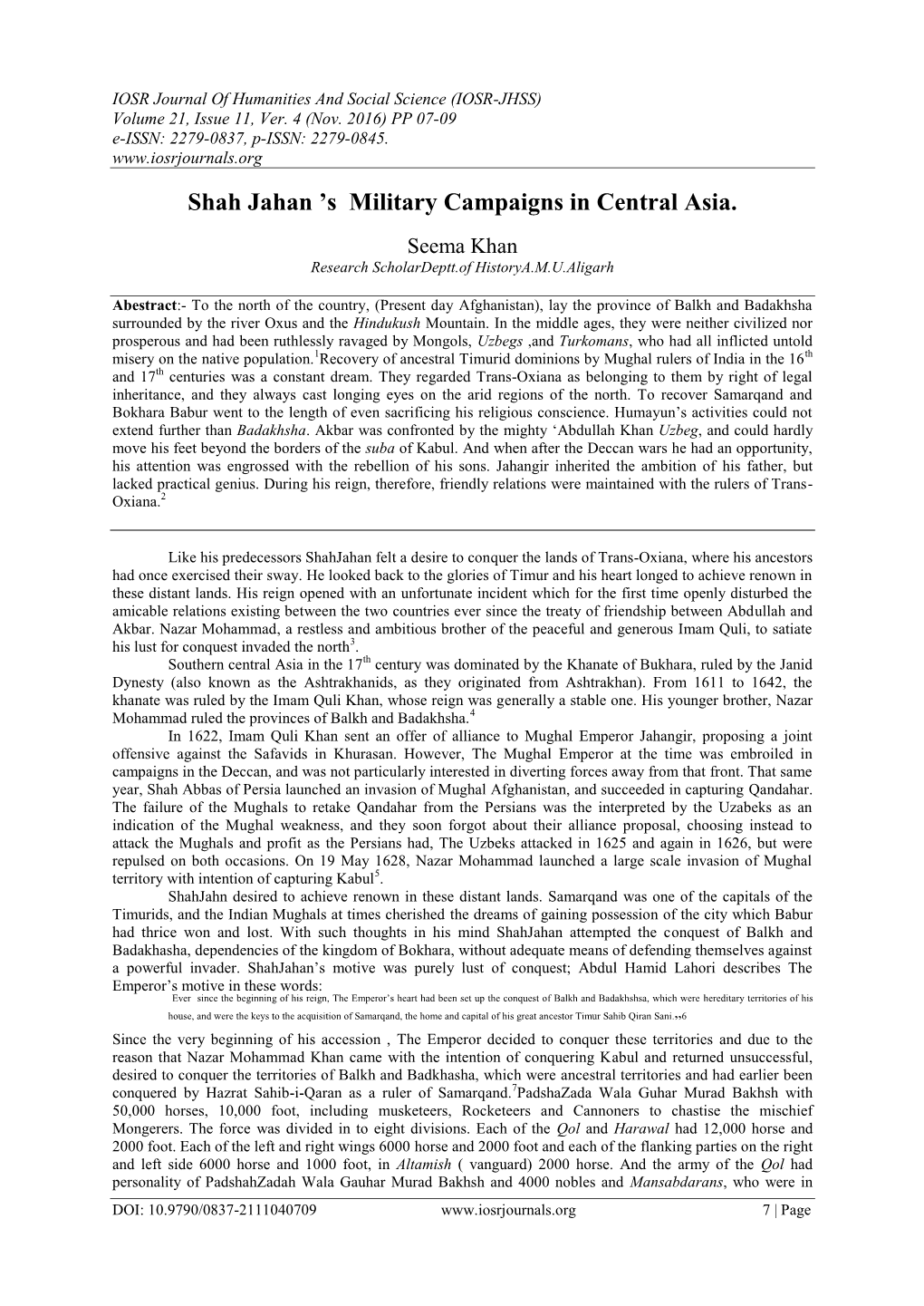 Shah Jahan 'S Military Campaigns in Central Asia