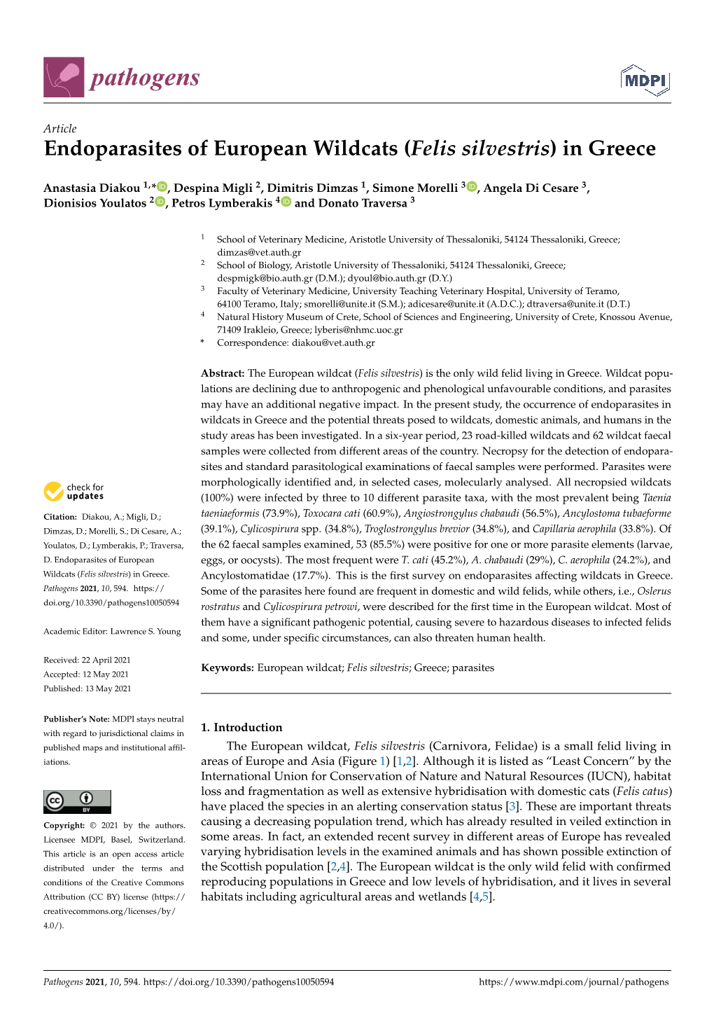 Endoparasites of European Wildcats (Felis Silvestris) in Greece